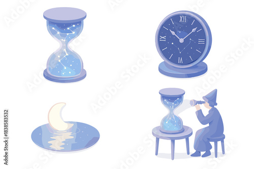 Cosmic Timekeeper Illustration. Isometric vector illustration set Cosmic timekeeper: hourglass glowing with liquid starlight, sand