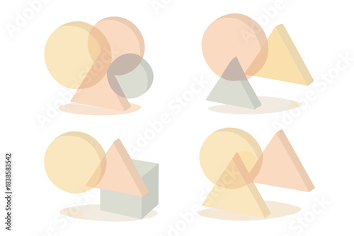 Abstract Geometric Harmony. Isometric vector illustration set Shape interaction study: primary forms positioned in gentle
