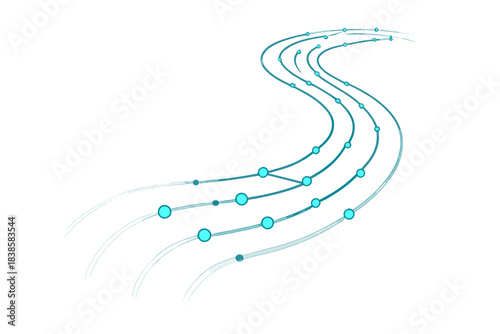 Neural Pathway Illumination. a curved neural highway of learning pathways illuminated by progress dots, navy and turquoise tones,