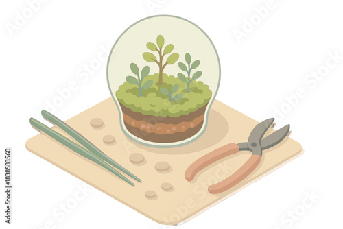 Botanical Craft Scene. Isometric vector illustration set Botanical craft scene: transparent glass sphere terrarium with layered