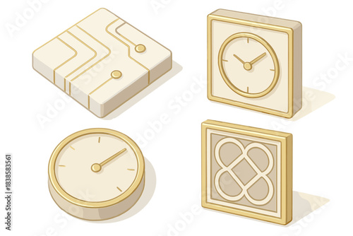 Analog Elegance Design. Isometric vector illustration set Analog elegance: ivory circuit tiles, brushed brass lines, minimalist