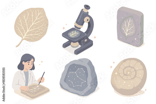Celestial Paleobotany Icons. Isometric vector illustration set Cosmic paleobotany: preserved leaf veins forming constellations,