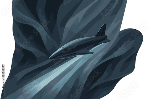 Shuttle Navigating Light. a sleek shuttle guiding beams of light through fabric made of shade and glimmer, deep gray and ice blue