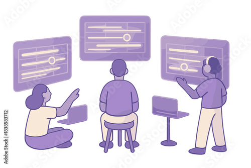 Virtual Music Waves. a shared virtual studio showing synchronized glowing music layers across users, lilac and cream tones, No