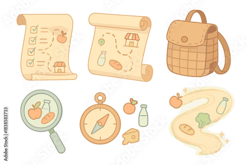 Grocery Quest Adventure. Isometric vector illustration set Grocery quest: shopping list transforming into treasure map, paper