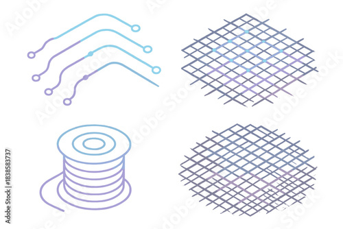 Neon Circuit Designs. Isometric vector illustration set Soft neon schematics: luminous outlines, curved circuits, glowing grids,