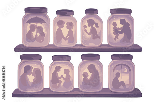 Glowing Timeless Jars. a shelf of preservation jars each containing a glowing moment suspended in time, lavender and cream palette