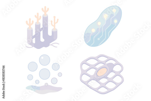 Oceanic Data Organisms. Isometric vector illustration set Oceanic data organisms: coral processors, luminous circuits, water