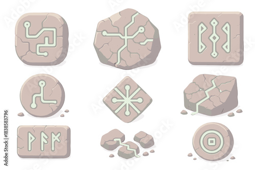 Algorithmic Stone Carvings. Isometric vector illustration set Algorithmic relics: stone circuit carvings, glowing command paths,