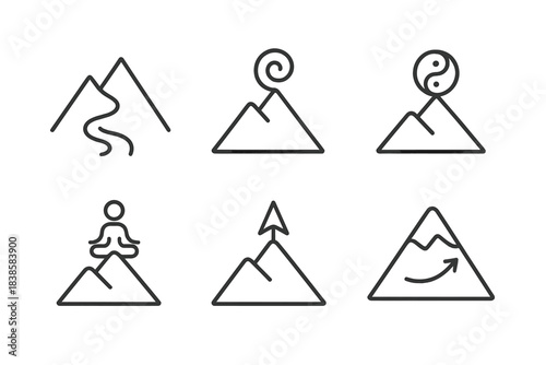 Zen Mountain Icons. Icons for: a symbolic mountain flow icon, a spiritual summit of movement, a zen ridge holding harmony, a