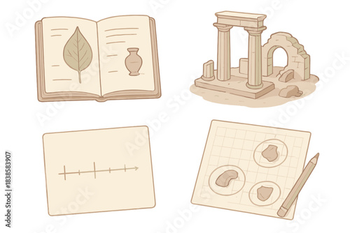 Expedition Journaling Artifacts. Isometric vector illustration set Expedition doodle journal: travel sketches of ruins and