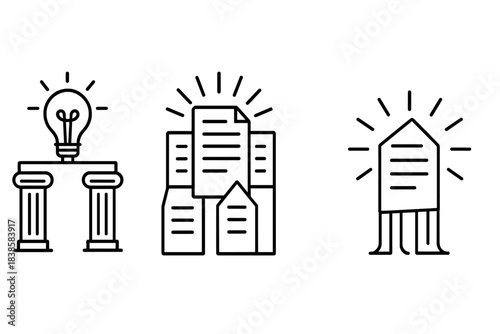 Clarity Through Iconic Symbols. Icons for: clear writing pillars lifting ideas, bright document columns symbolizing clarity,