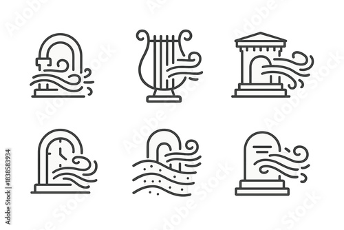 Wind Carved Tomb. Icons for: desert breeze tomb timekeepers, wind-carved burial instruments, airflow mausoleums measuring eternity