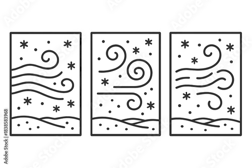 Triptych Arctic Storms. Icons for: triple-panel arctic storms unfolding in sequence, frozen wind triptychs sweeping across ice,