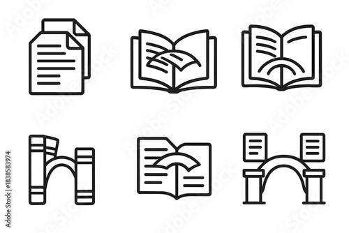 Document Icon Collection. Icons for: document crossing exhibits of layered sheets, open file bridges, bound paper pathways,