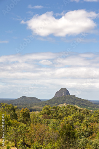 Vertical format view from Mount Ngungun of the Glass House Mountains in Queensland Australia.