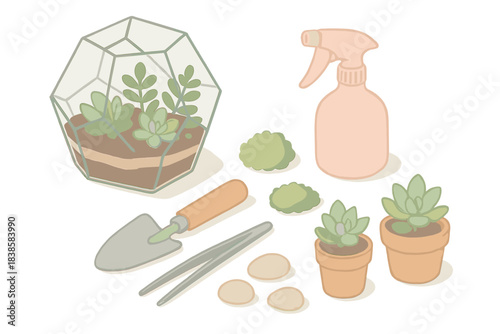 Miniature Garden Kit. Isometric vector illustration set Miniature garden kit: small glass terrarium with soil layers, hand trowel