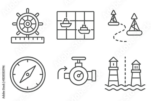 Marine Navigation Icons. Icons for: marine measurement guidance, chart-based vessel markers, sea path indicator symbols,