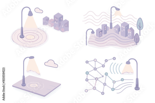 Emotional Cityscape Vibes. Isometric vector illustration set Emotional lightscape: streetlights glowing to mood data, rhythm waves