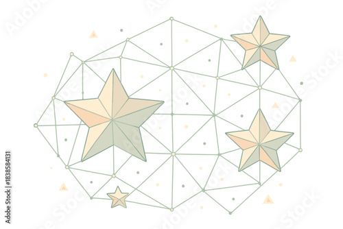 Astral Origami Network. Isometric vector illustration set Astral origami network: folded paper stars suspended in space, thin