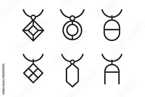 Geometric Pendant Icons. Icons for: geometric pendant diagrams, minimalist amulet outlines, linear locket symbols, abstract