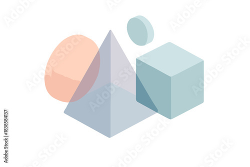 Abstract Geometric Harmony. Isometric vector illustration set Shape interaction study: primary forms positioned in gentle