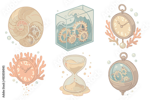 Oceanic Clockwork. Isometric vector illustration set Oceanic clockwork: mechanical nautilus shell with transparent layers,