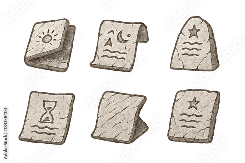 Prophetic Stone Icons. Icons for: a folded stone tablet revealing prophecy, a layered rock scroll showing signs, a creased