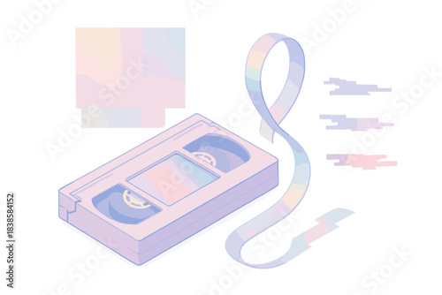 Retro Tech Aesthetic. Isometric vector illustration set Pastel analog tech: opened VHS with shimmering tape loop, glitch fragments