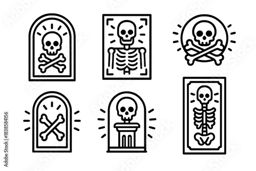 Luminous Bone Icons. Icons for: illuminated bone shrine carvings, glowing skeletal reliefs, radiant ossuary symbols, shining