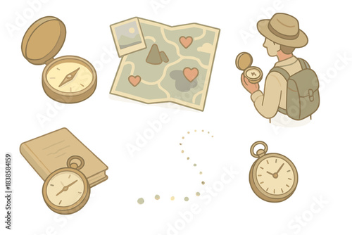 Compass of Memories. Isometric vector illustration set Memory navigation: antique compass glowing softly, needle pointing to