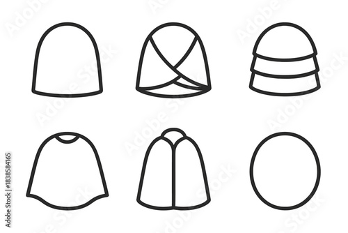 Circular Dome Clothing Icons. Icons for: circular dome clothing, hemispheric textile wraps, rounded layered garments, curved upper
