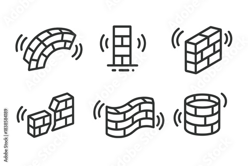Pulsating Wall Icons. Line vector icons of beating wall pivots: vibrating brick arcs, pulsating barrier points, rhythmic block