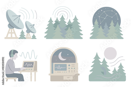 Celestial Forest Listening. Isometric vector illustration set Celestial forest listening: massive antenna array receiving natural