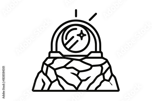 Metallic Sight Icons. Line vector icons of a metallic sight on a stone protrusion: reflective rock eyes, shining metal arcs,