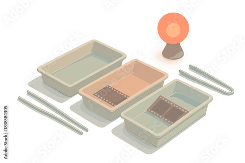 Classic Darkroom Setup. Isometric vector illustration set Classic darkroom setup: plastic trays labeled developer, stop bath,
