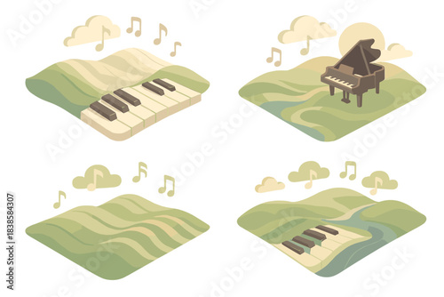 Melodic Terrain Landscape. Isometric vector illustration set Melodic terrain: piano keys shifting into rolling hills, black keys