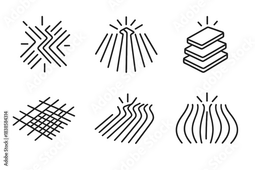 Shimmering Trench Patterns. Line vector icons of a shimmering trench pattern: radiant linear grooves, glowing channel outlines,