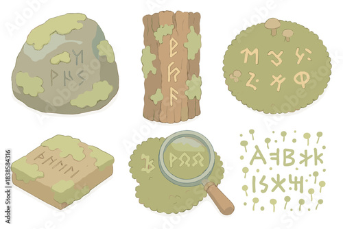 Lichen Enigma Icons. Isometric vector illustration set Lichen communication: mossy stone with hidden runes, bark with glowing