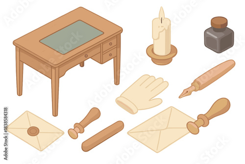 Vintage Writing Essentials. Isometric vector illustration set Vintage writing desk: fountain pen, sealing wax, envelope, candle,