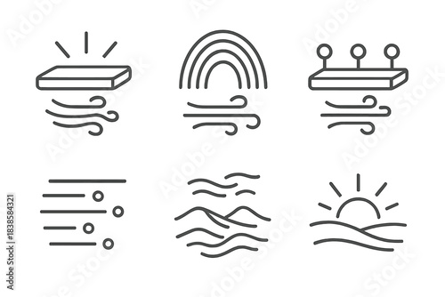 Luminous Air Platforms. Line vector icons of luminous air platforms: radiant breeze shelves, structured airflow arcs, glowing