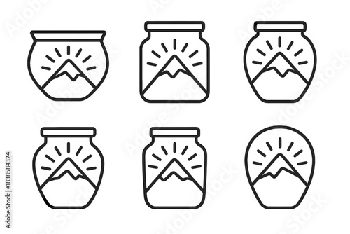 Radiant Mountain Containers. Line vector icons of a mountainous container that leads: ridge-shaped pots, glowing vessel outlines,