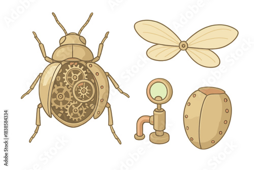 Steampunk Brass Beetle. Isometric vector illustration set Insect automaton dissection: open brass beetle showing inner clockwork