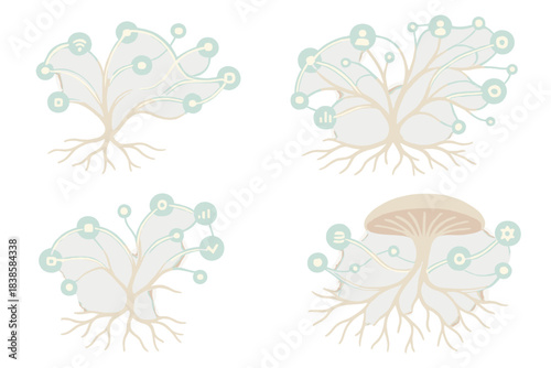 Mycelium Data Network. Isometric vector illustration set Eco-informatic network: fungal roots branching in fractal geometry, light