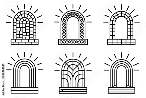 Luminous Threshold Icons. Line vector icons of luminous patterned thresholds: radiant mosaic entries, glowing decorative outlines,