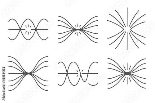 Harmonic Flow Icons. Line vector icons of harmonic directional streams: oscillating flow outlines, rhythmic narrowing paths,