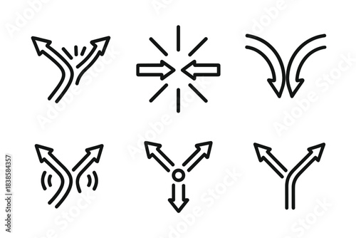 Dynamic Route Convergence. Line vector icons of a shoving passage convergence: forceful route junctions, energetic motion lines,