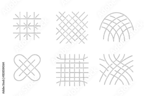 Luminous Thread Patterns. Line vector icons of luminous thread patterns: radiant weave grids, glowing textile outlines, shimmering