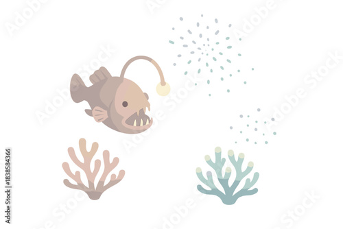 Abyssal Glow Scene. Isometric vector illustration set Abyssal illumination: anglerfish with glowing lure, plankton particles