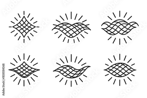 Radiant Woven Patterns. Line vector icons of a shining weave that attracts: radiant thread grids, luminous woven patterns, glowing